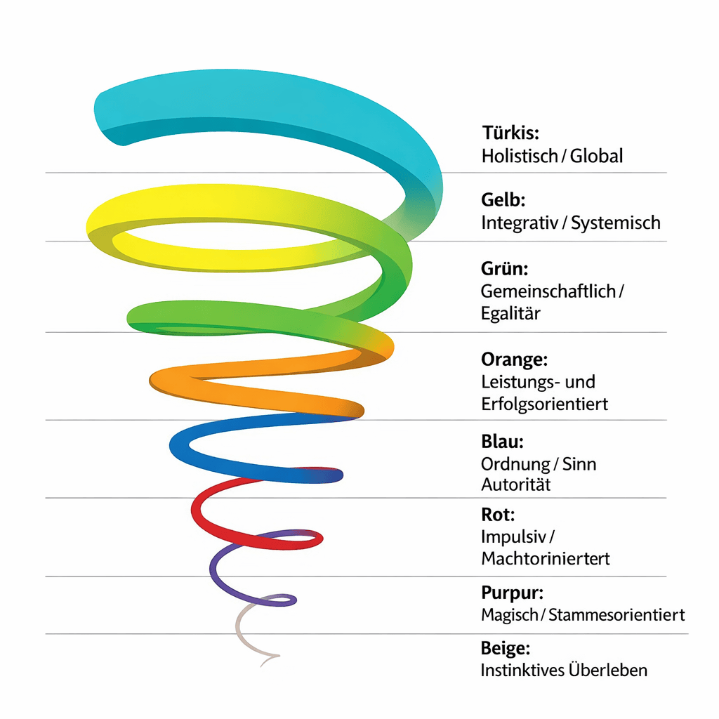 Farbige Spirale mit Bedeutung der Farben für Lebensreife und persönliche Entwicklung.
