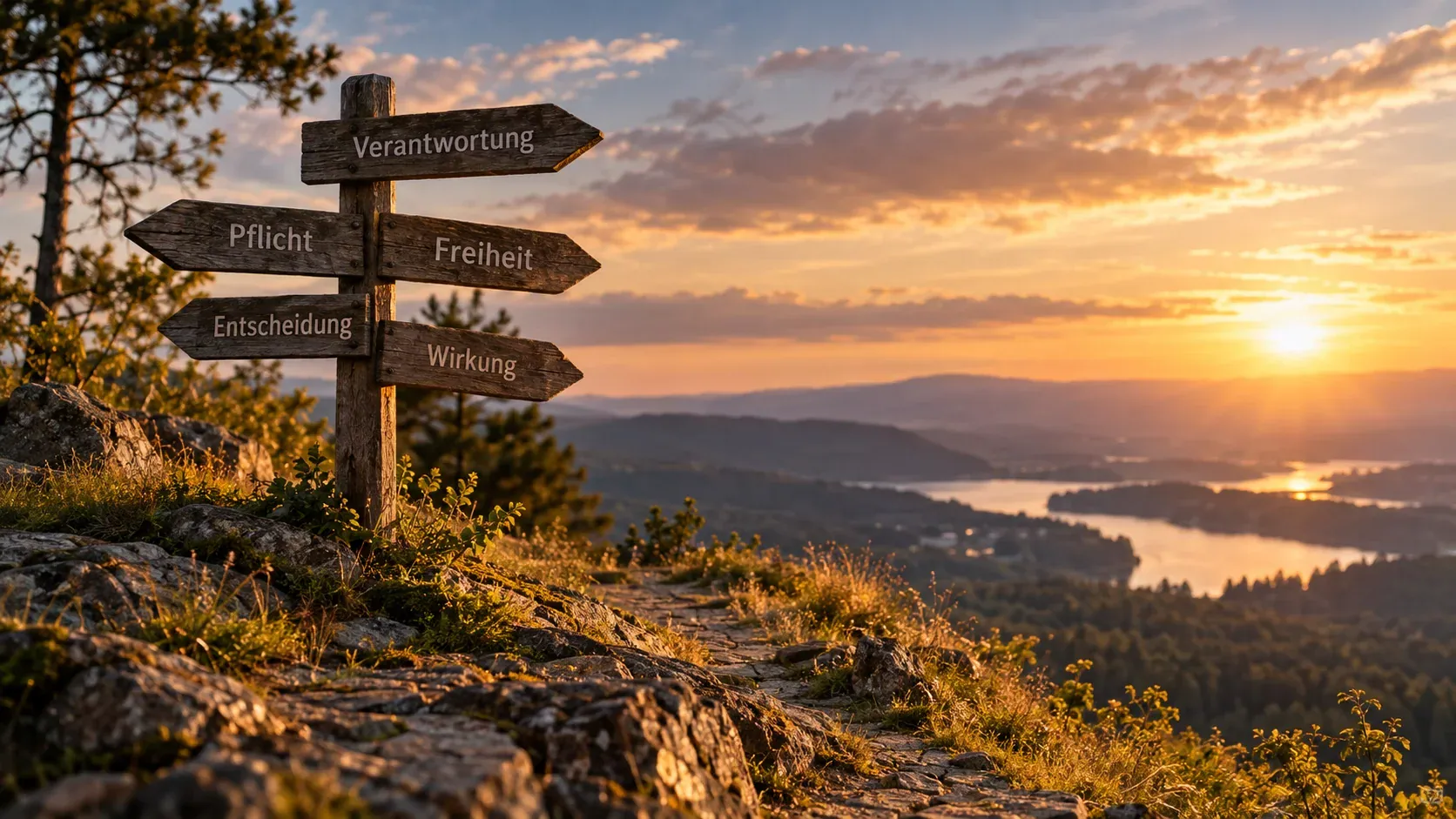 Wegweiser mit Verantwortung, Pflicht, Freiheit, Entscheidung und Wirkung vor einer Berglandschaft
